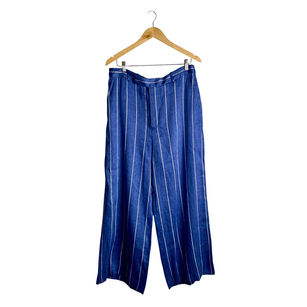 Polo Ralph Lauren Linen Pinstripe Wide Leg Pants 14 Blue High Rise Coastal